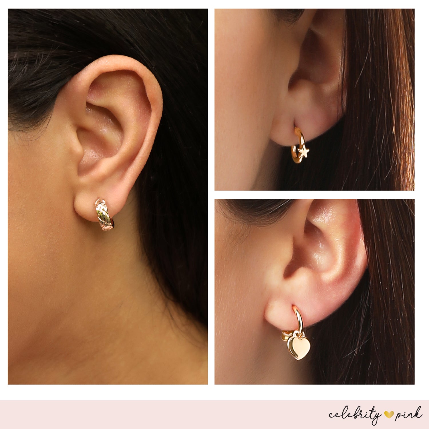 Celebrity Pink Gold-Tone Hoop Earrings for Women 6-Pack with Rhinestones | Small Hoops Yellow Gold-Tone, Rhinestone Accents, Dangling Heart Charm, Star Pendant, Huggie Earrings, 6 Different Pairs