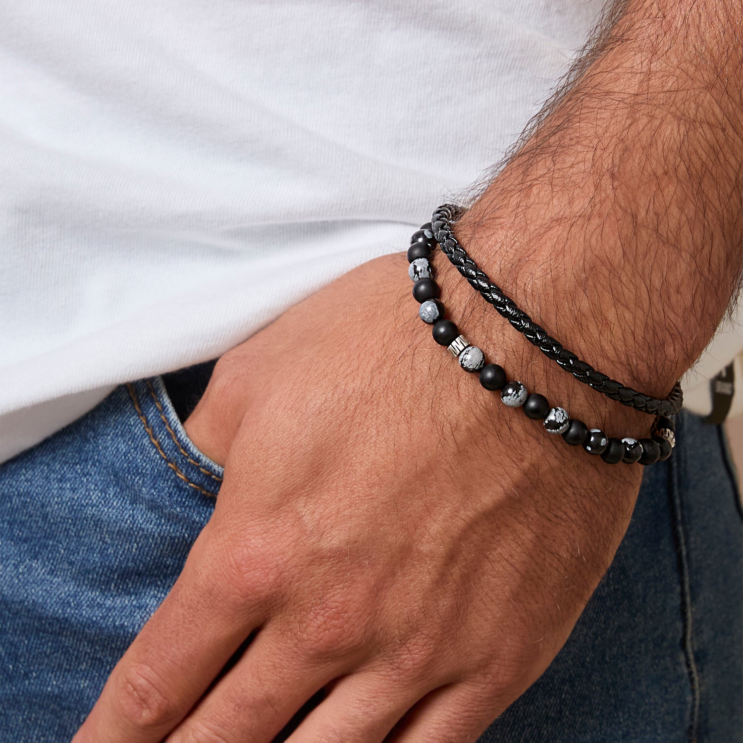 Lucky Brand Matte Black Onyx, Snowflake Obsidian Stretch Bead & Magnetic Cord Bracelet Set - 2 Piece
