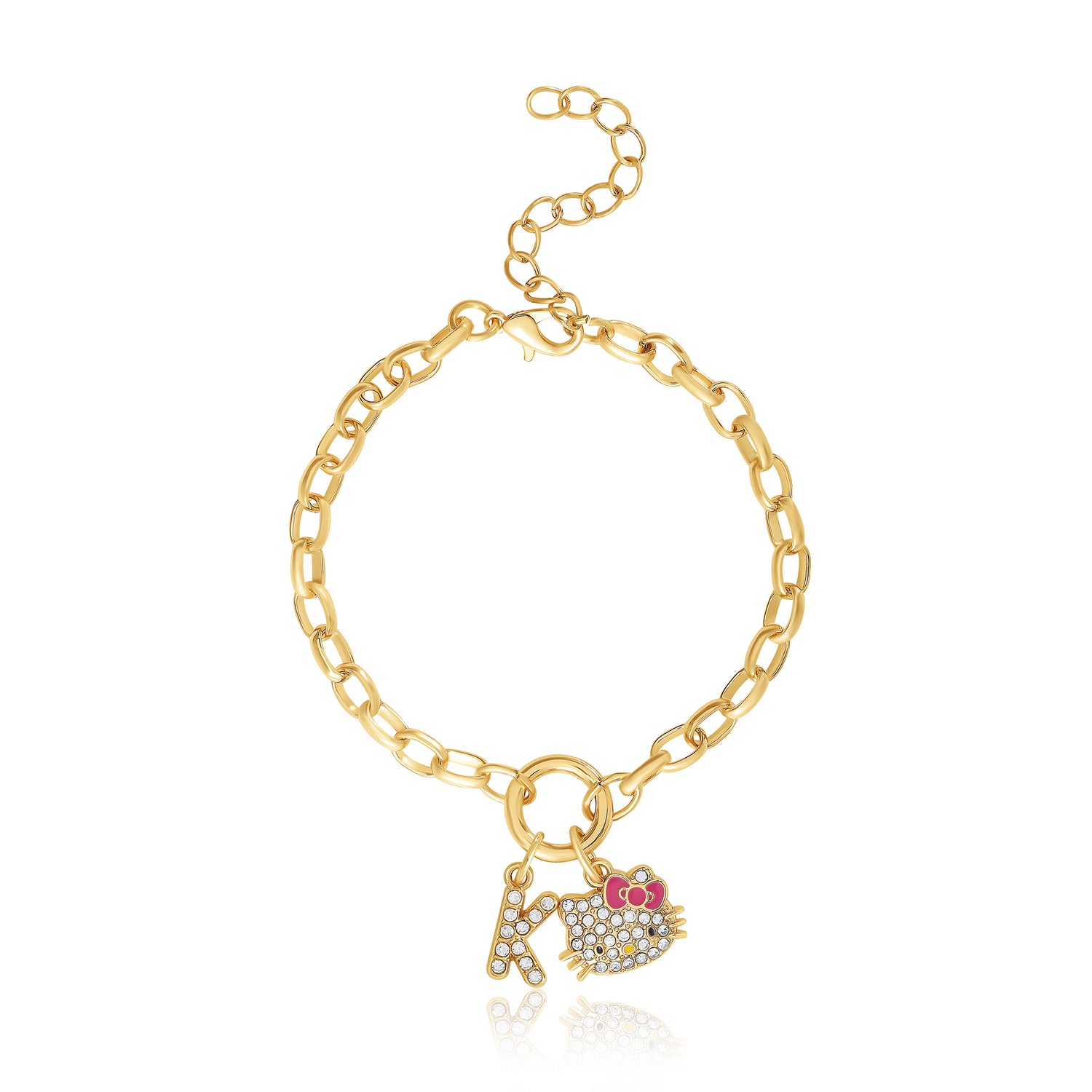 Hello Kitty Initial Crystal Charm Bracelet, Gold‑Tone, Adjustable - K