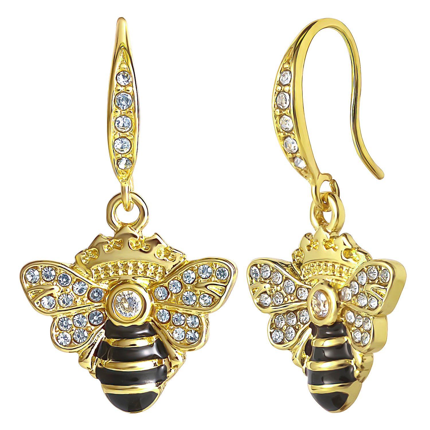 Juicy Couture Rhinestone and Black Enamel Bee Earrings for Women, Gold-Tone