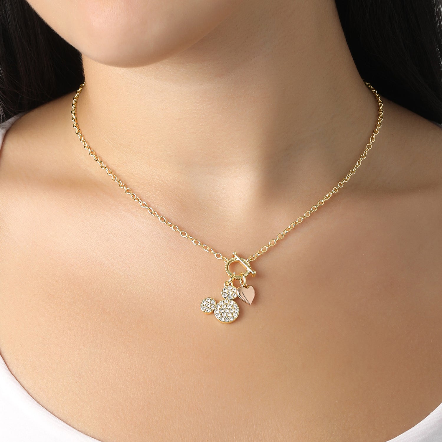 Disney Mickey Mouse Necklace 16" + 2", Gold Tone, Clear Crystals