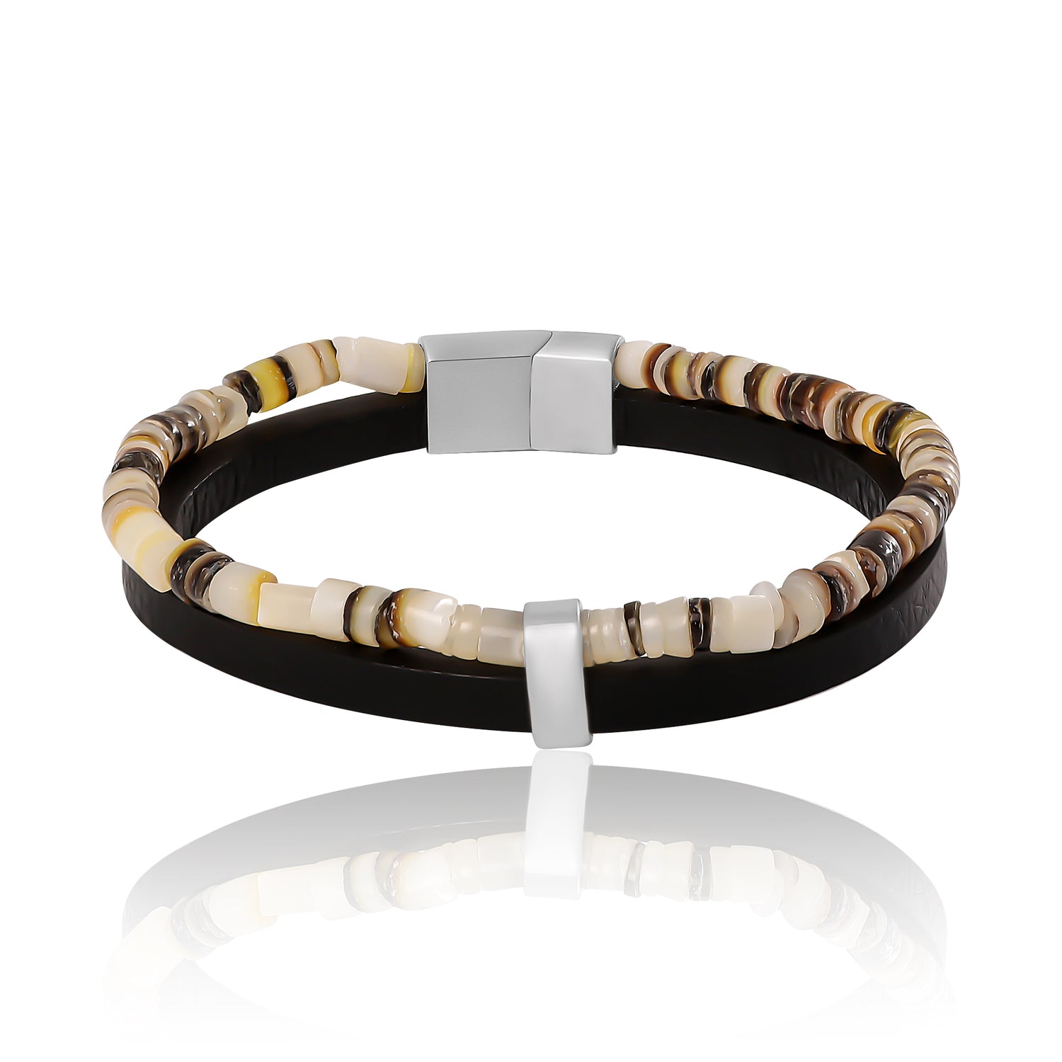 Lucky Brand Mens Layered Bracelet with Wood Beads and Leather Strap