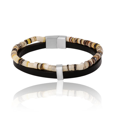 Lucky Brand Mens Layered Bracelet with Wood Beads and Leather Strap