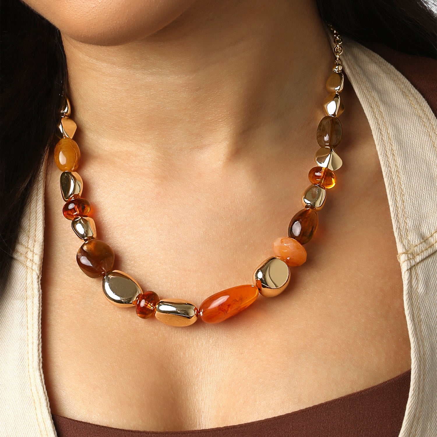 Jessica Simpson Beaded Chunky Necklace Gold-Tone 18"+3", Country and Western Jewelry for Women, Country Concert Necklace