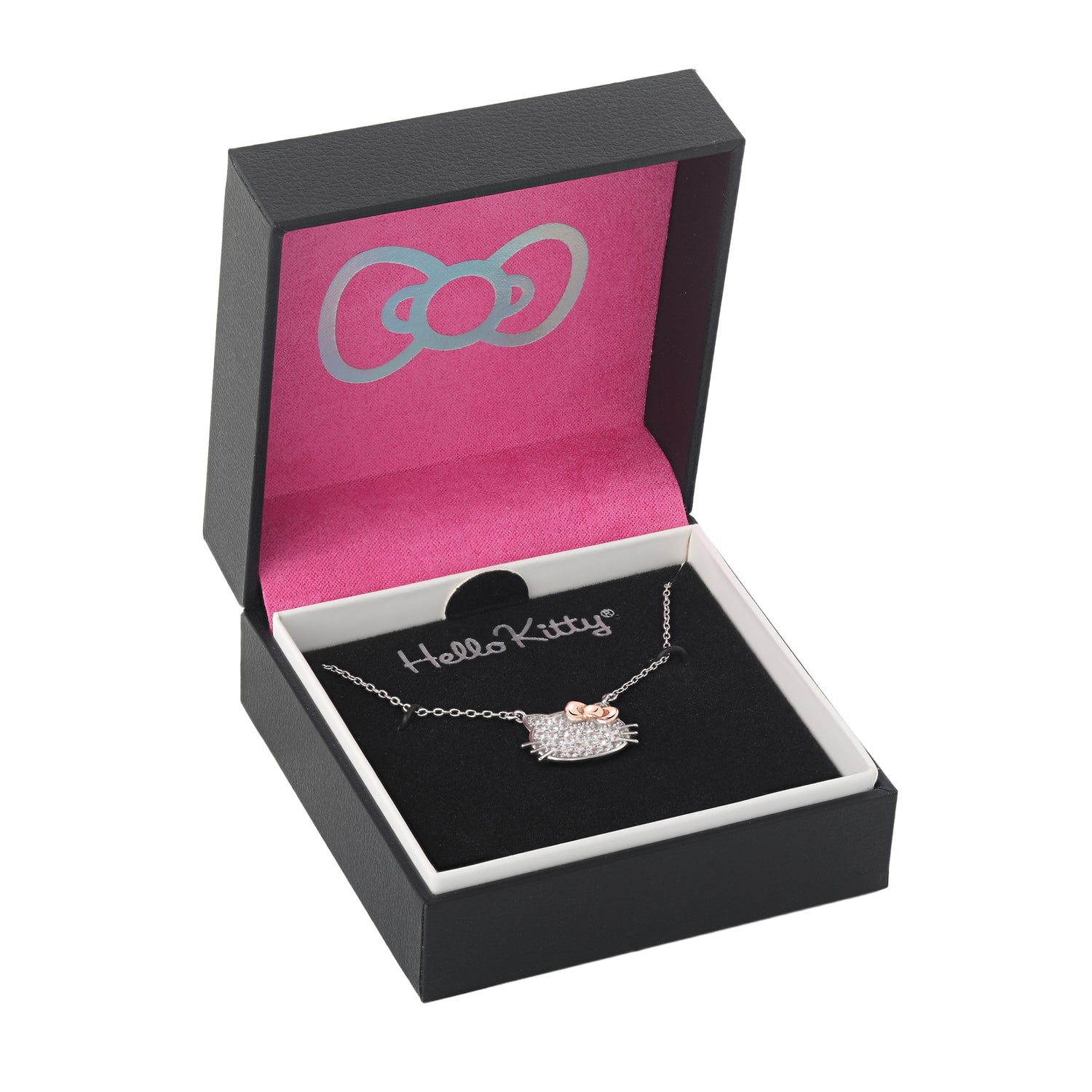 Hello Kitty Face Necklace 18", Sterling Silver with Created White Sapphire Pavé and Rose Gold-Tone Bow, Official License