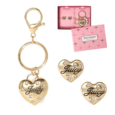 Juicy Couture Gold-Tone Heart Keychain & Earring Set with Crystal Accents