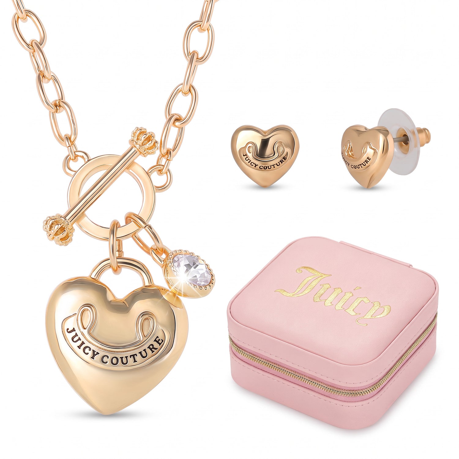 Juicy Couture Gold-Tone Necklace with Earring Set, Heart Pendant & Gift Box