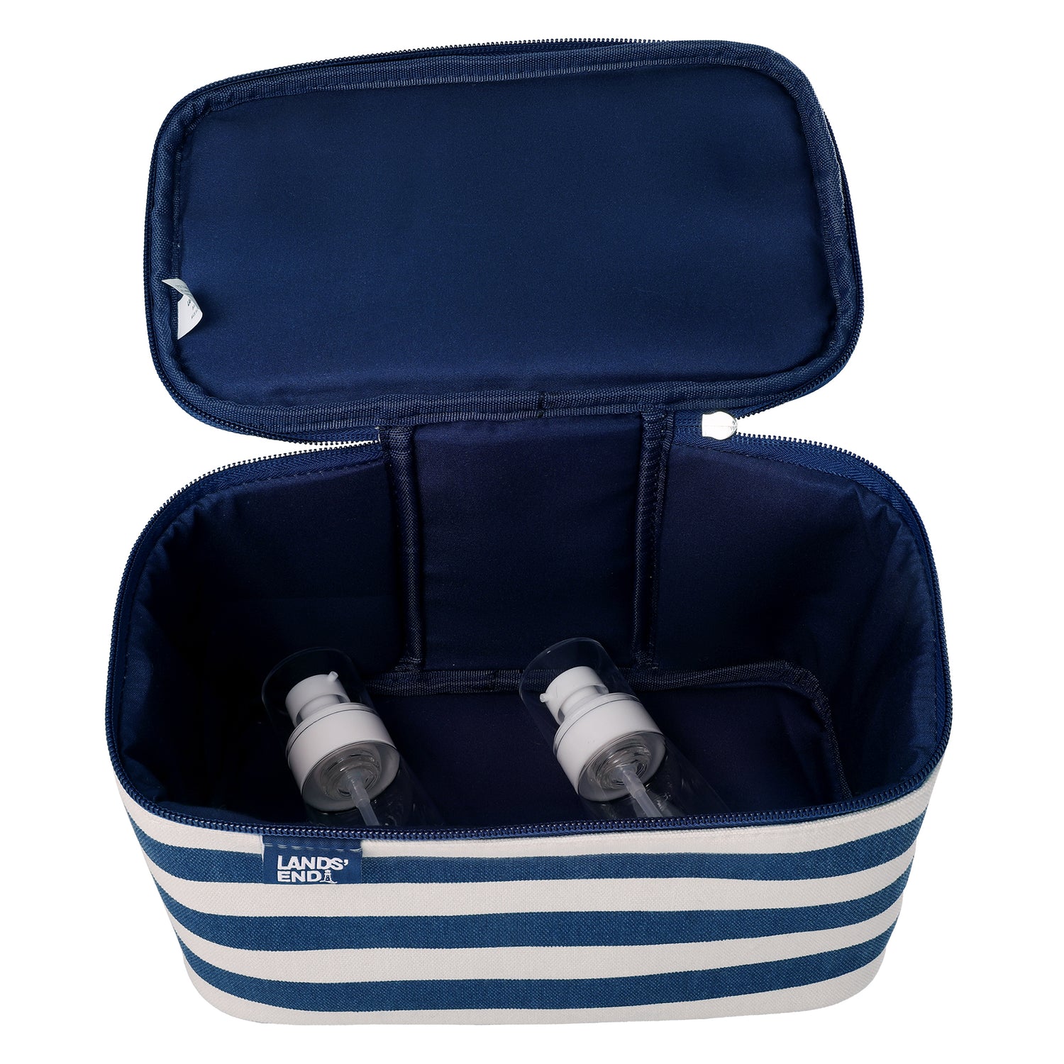 Lands' End Large Makeup Bag Train Case with 2 100 ML Plastic Travel Bottles, Soft-Sided Cosmetic Travel Bag - Navy Stripe