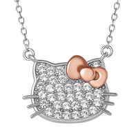 Hello Kitty Face Necklace 18", Sterling Silver with Created White Sapphire Pavé and Rose Gold-Tone Bow, Official License