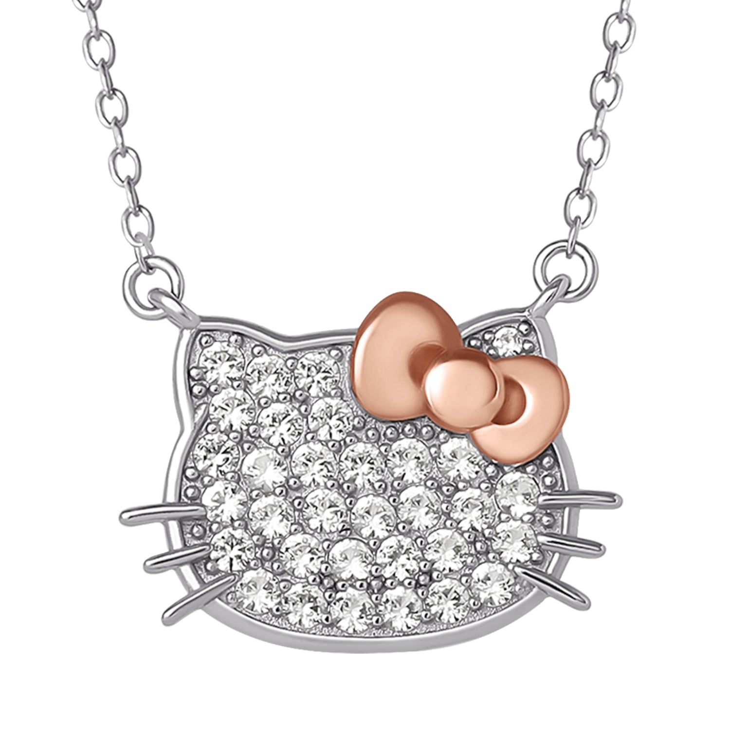 Hello Kitty Face Necklace 18", Sterling Silver with Created White Sapphire Pavé and Rose Gold-Tone Bow, Official License