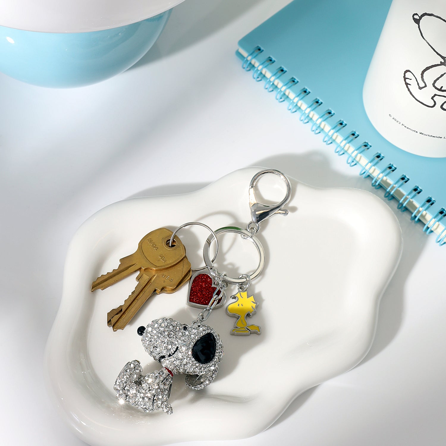 SALLY ROSE Peanuts Cluster Pave Crystal Keychain Official License, Snoopy Bag Charm with Woodstock and Heart Charms