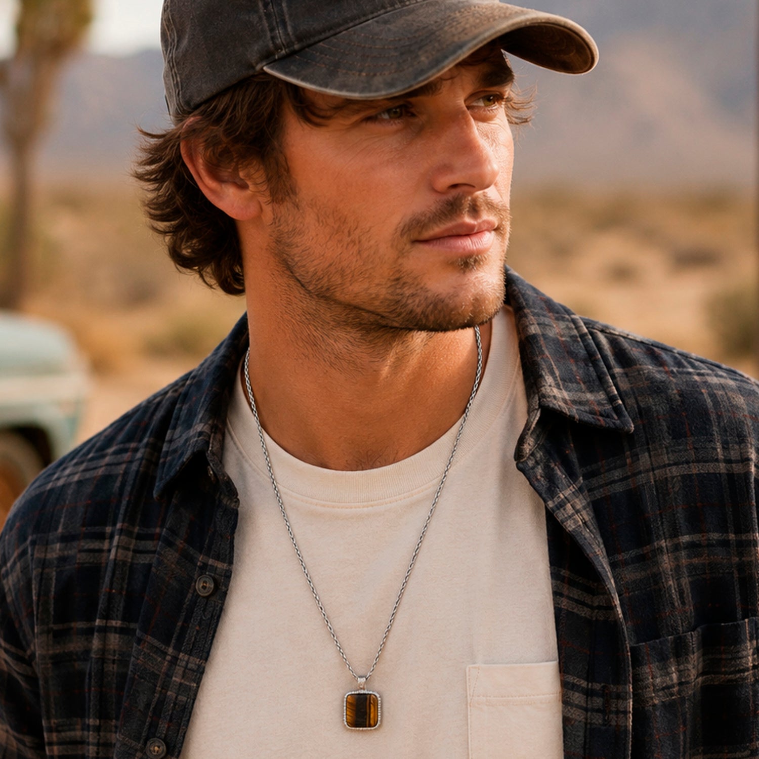 Lucky Brand Mens Stainless Steel Necklace with Tigers Eye Pendant