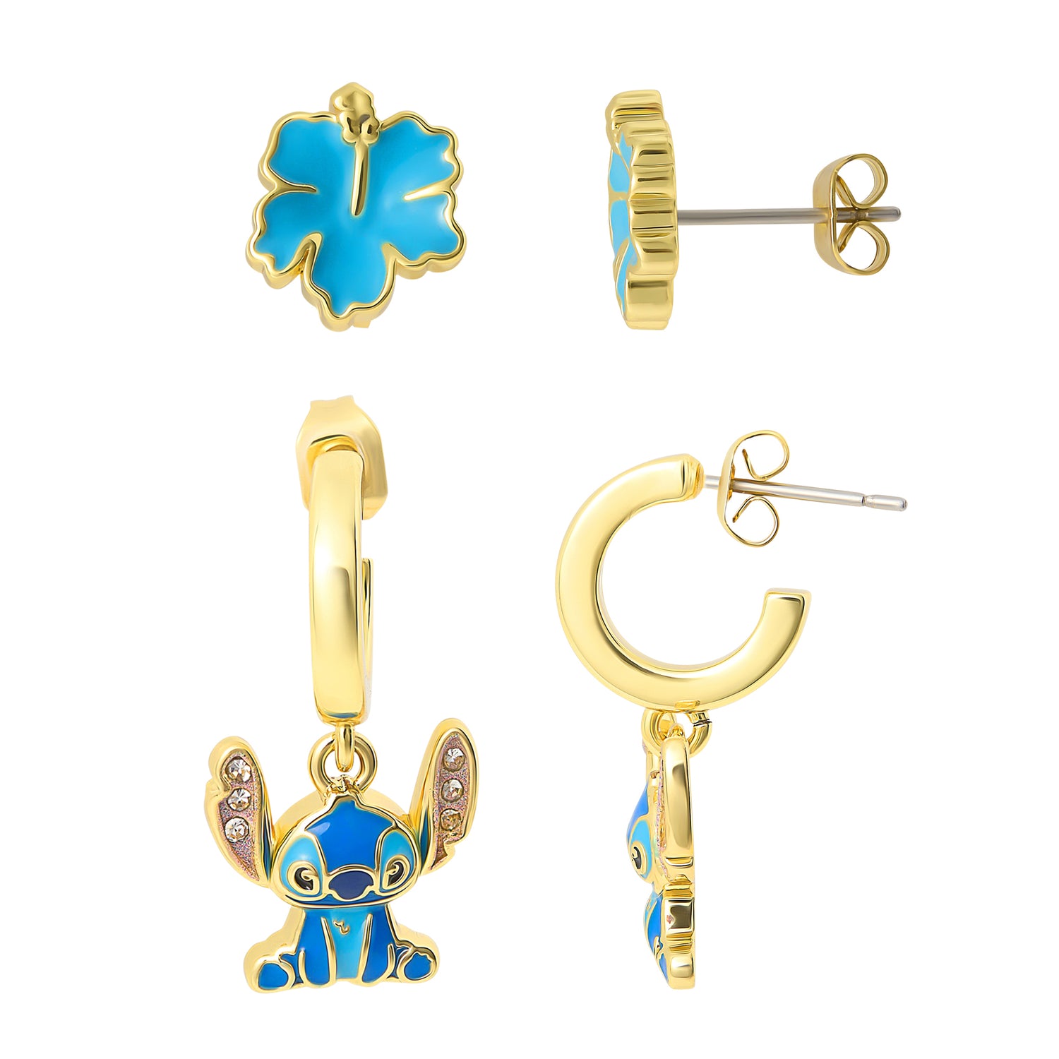 Disney Stitch Earrings 2-Pack, Hibiscus Studs and Stitch Charm Huggie Hoops
