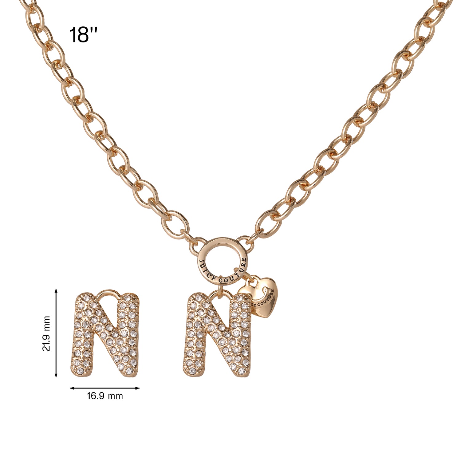 Juicy Couture Bubble Letter Necklace for Women with Clear Stones 18"+2", Chunky Initial Necklace Gold-Tone - N