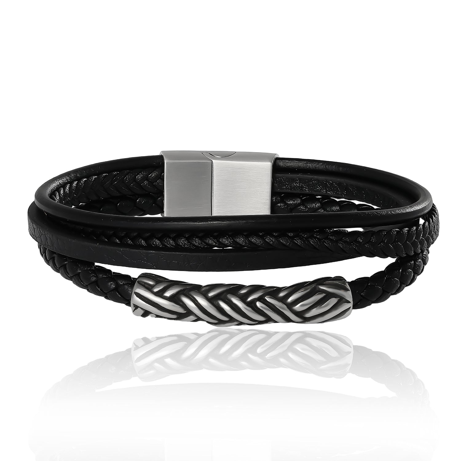 Lucky Brand Men’s Multi‑Row 8'' Bracelet with Braided Barrel, Black