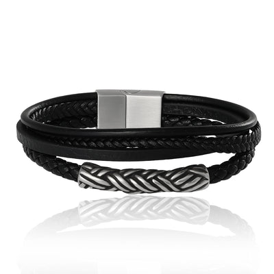 Lucky Brand Men’s Multi‑Row 8'' Bracelet with Braided Barrel, Black