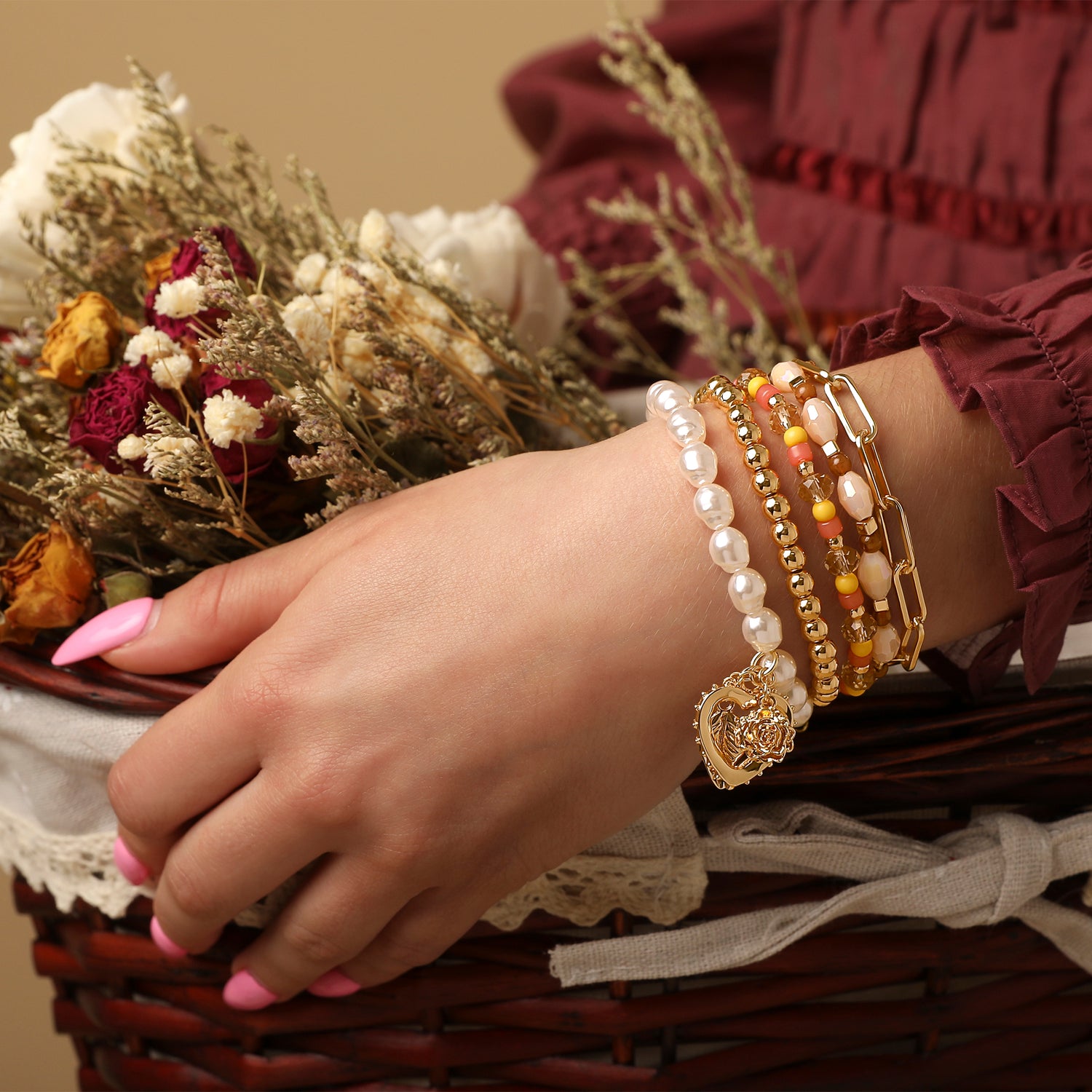 Celebrity Pink Stackable Gold-Tone and Bead Bracelets for Women 5-Piece Set
