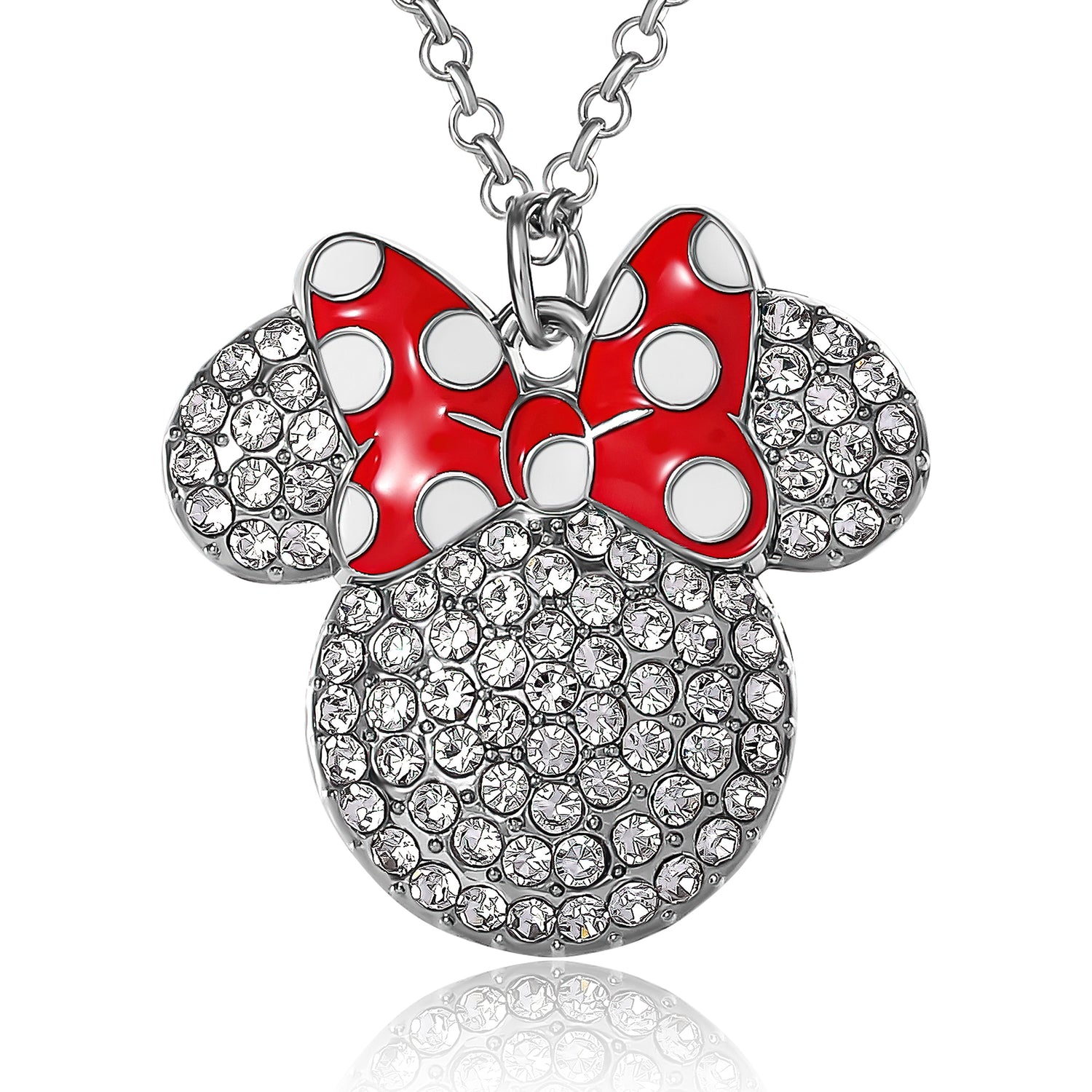 Disney Minnie Mouse Necklace for Women Official License, 16"+3" Pave Clear Crystal Minnie Necklace with Red Bow, Jewelry - White