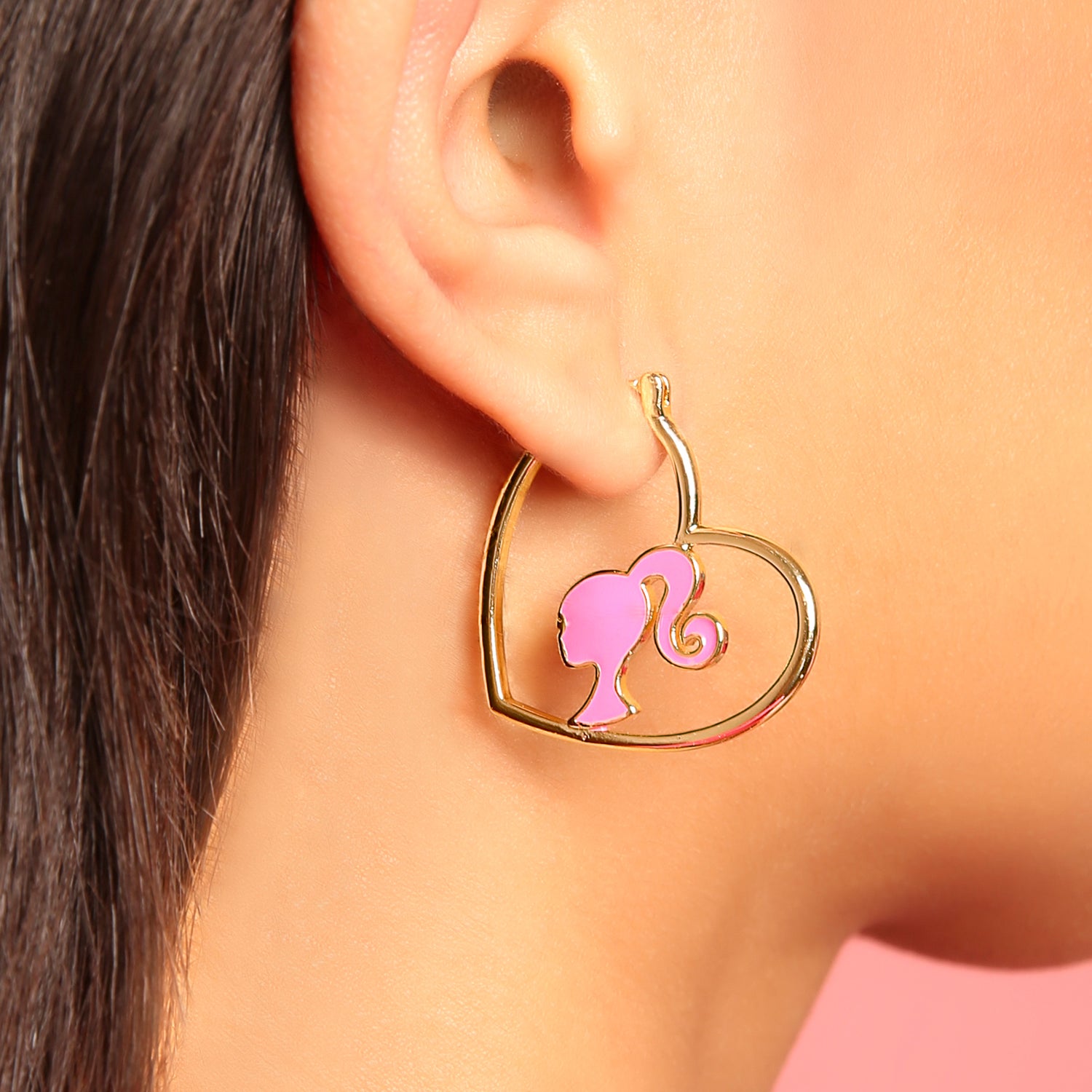 Barbie Heart Hoop Earrings, 18k Yellow Gold Flash-Plated Barbie Earrings for Women, Barbie Jewelry Official License