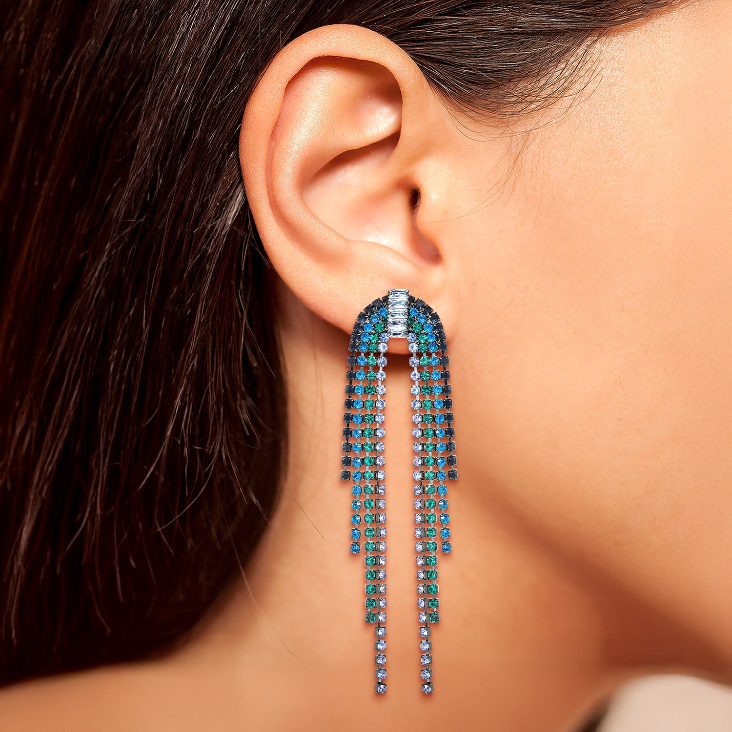 Jessica Simpson Dark Teal Rhinestone Cascading Fringe Earrings - Statement Long Dangle Earrings
