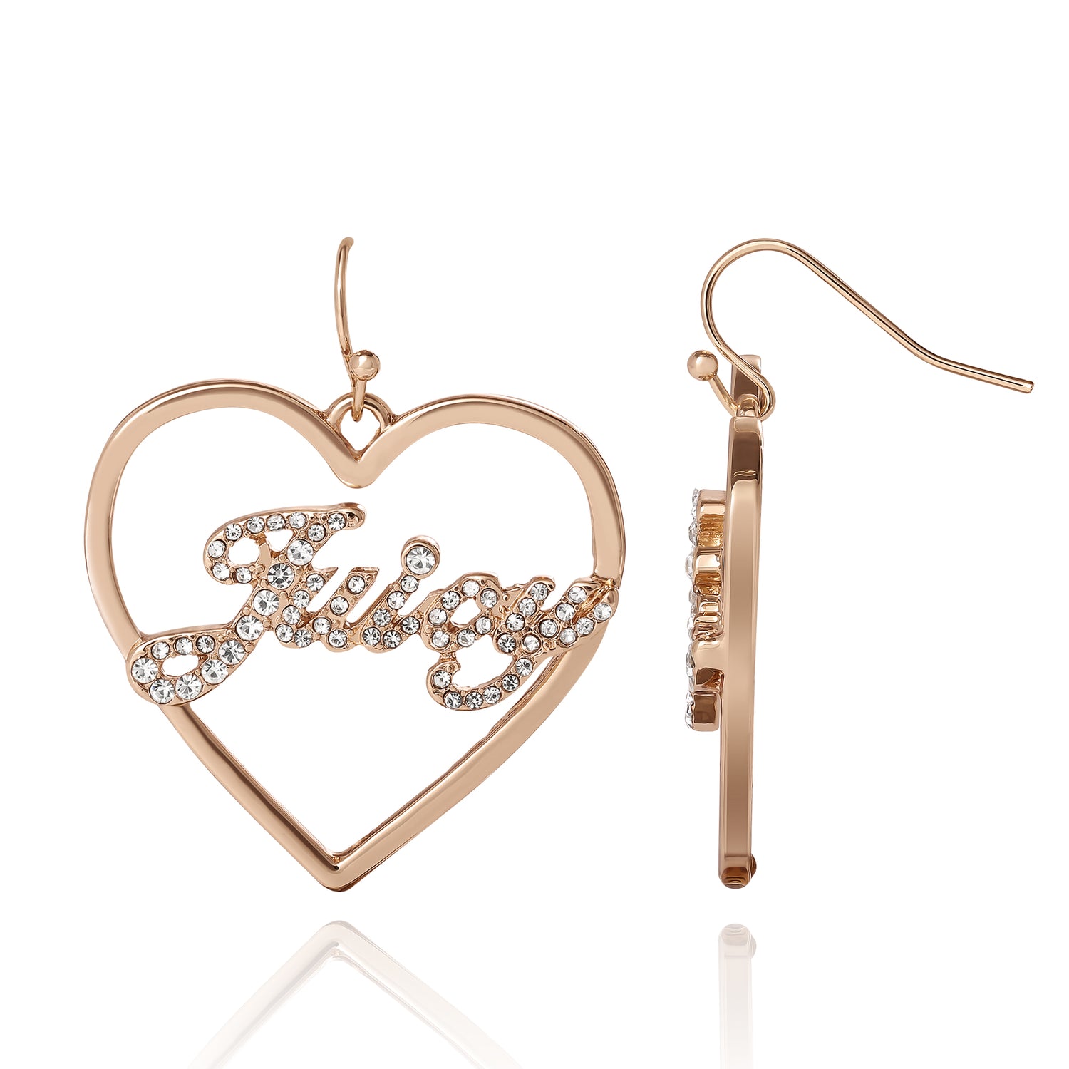 Juicy Couture Script Logo Heart Dangle Earrings for Women with Clear Stones, Outline Heart Earrings, Juicy Gifts