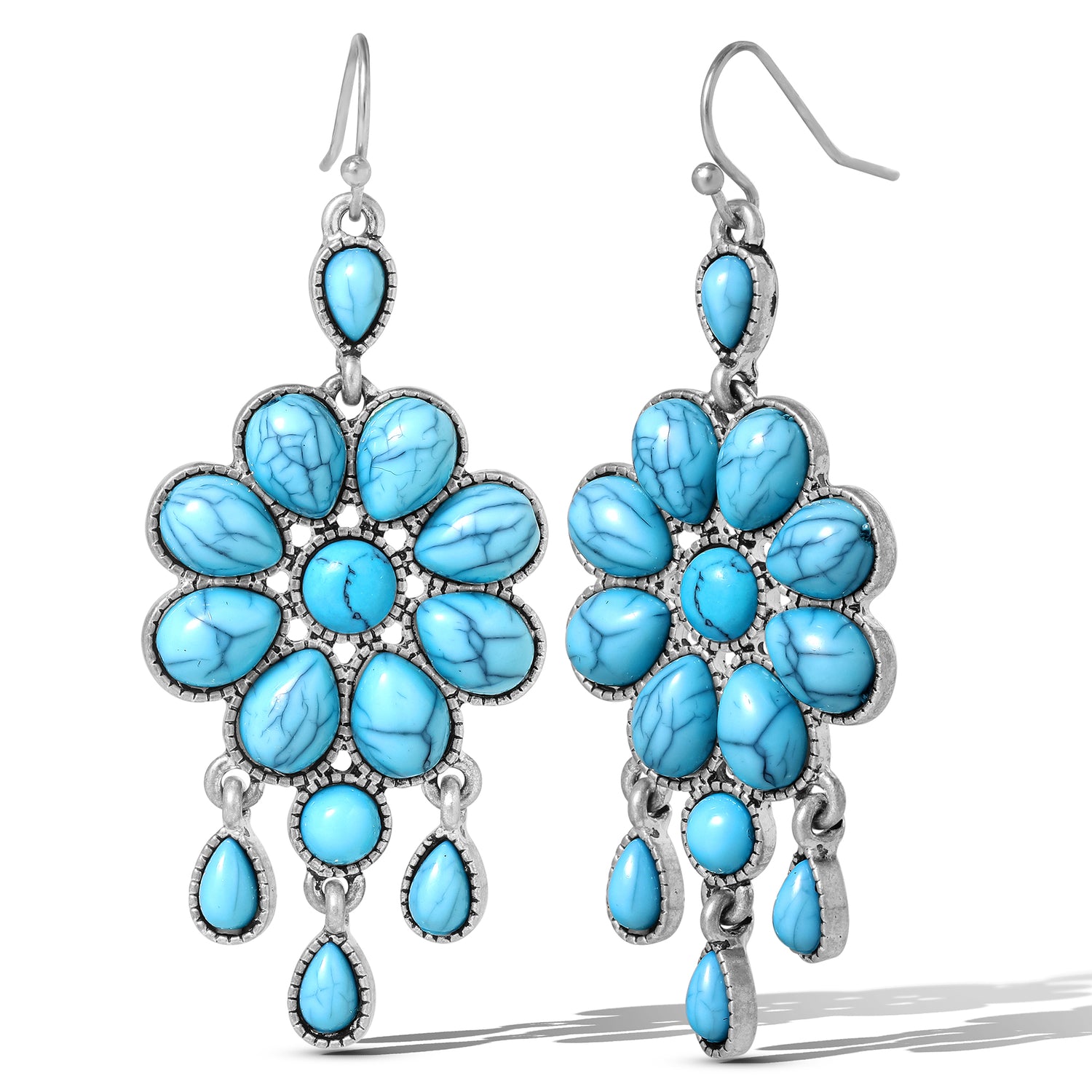 Jessica Simpson Silver-Tone Turquoise Statement Drop Earrings – Bohemian Chic Floral Design