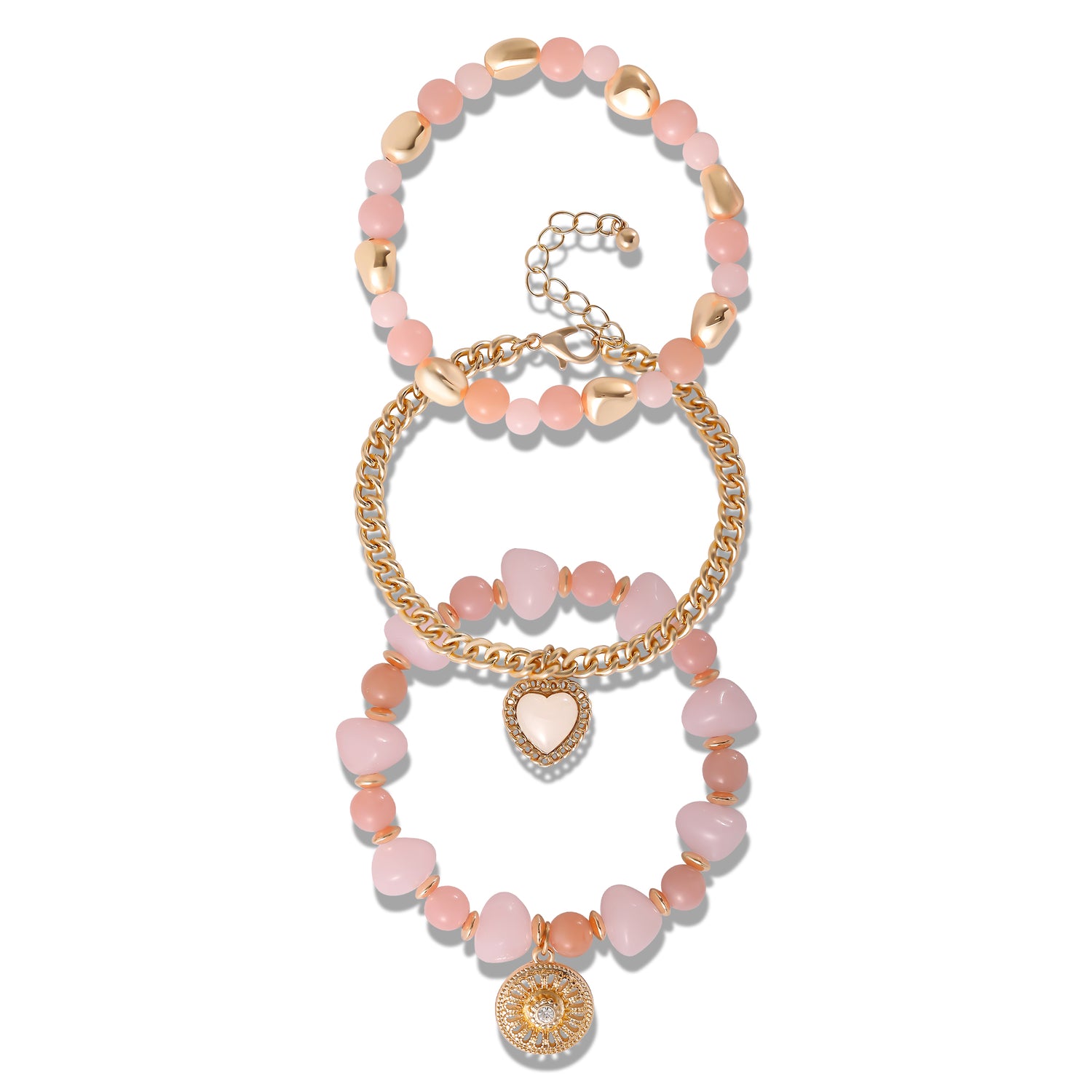 Jessica Simpson Set of 3 Pink and Gold-Tone Beaded Stretch Bracelets