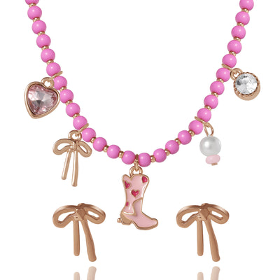 Jessica Simpson Kids Charm Necklace & Earrings Set - Pink & Gold Western Style