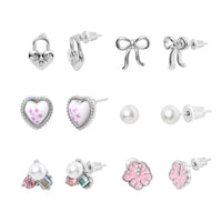 Celebrity Pink Bow and Heart Stud Earrings Pack of 6, Silver Tone