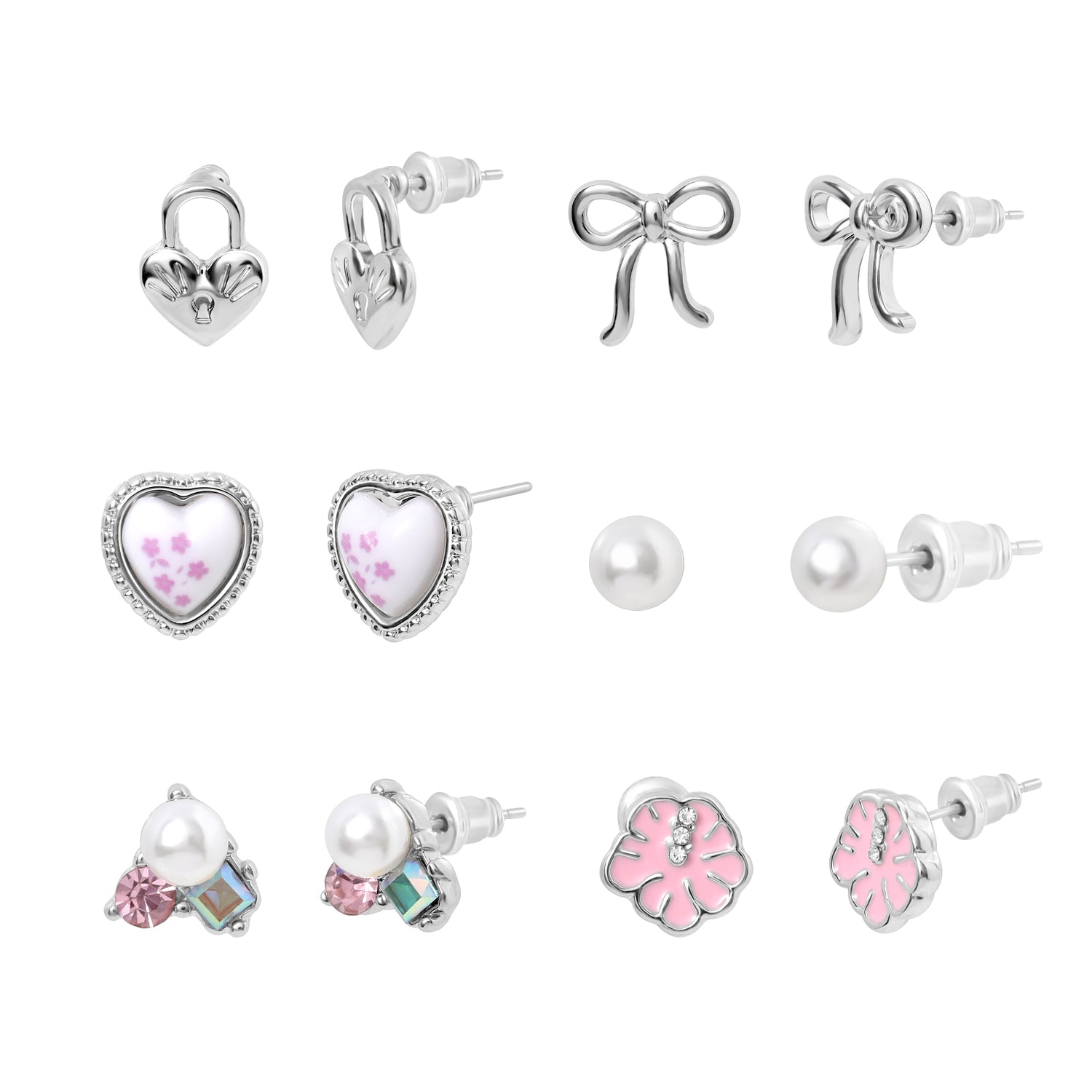 Celebrity Pink Bow and Heart Stud Earrings Pack of 6, Silver Tone