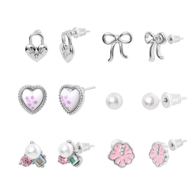 Celebrity Pink Bow and Heart Stud Earrings Pack of 6, Silver Tone