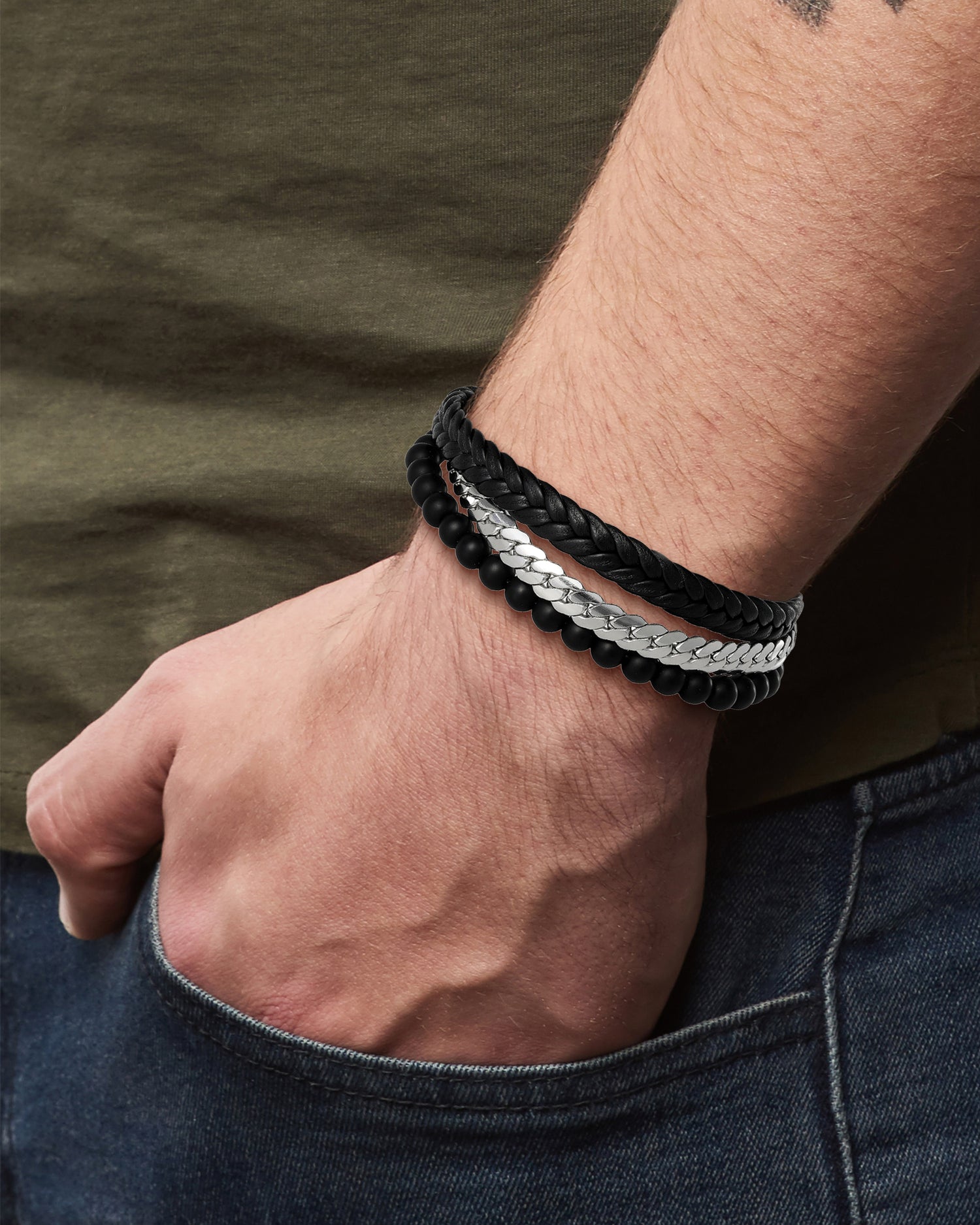 Lucky Brand Men’s 3‑Row Chain & Bead Bracelet, Black, Magnetic Clasp - 8.5''