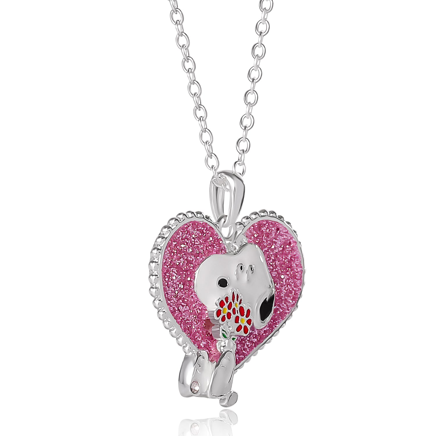 Peanuts Snoopy Necklace for Women Official License, 16+2 Silver Flash-Plated Heart Necklace with Pink Glitter and Crystal