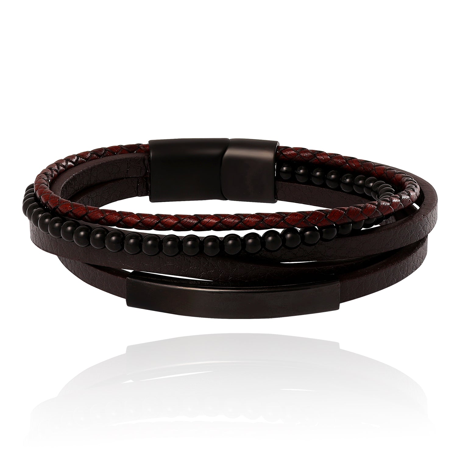 Lucky Brand Mens Multilayer Braided Leather and Bead Bracelet in Brown & Black