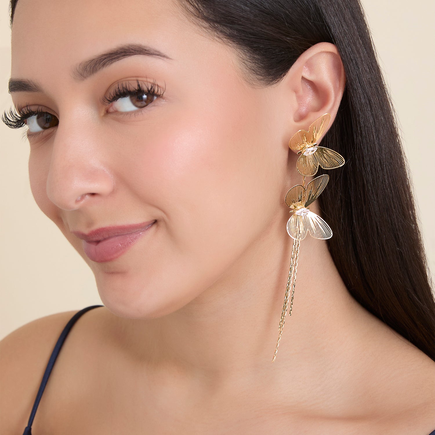JS Jessica Simpson Long Butterfly Drop Earrings in Shimmering Gold-Tone