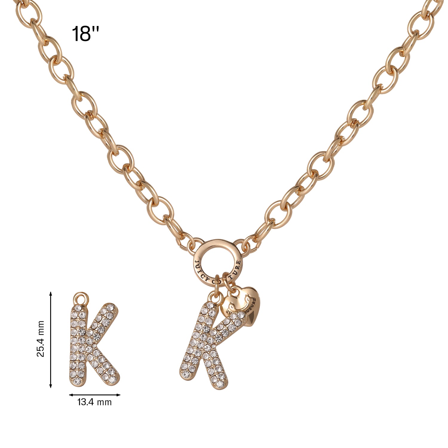 Juicy Couture Bubble Letter Necklace for Women with Clear Stones 18"+2", Chunky Initial Necklace Gold-Tone - K