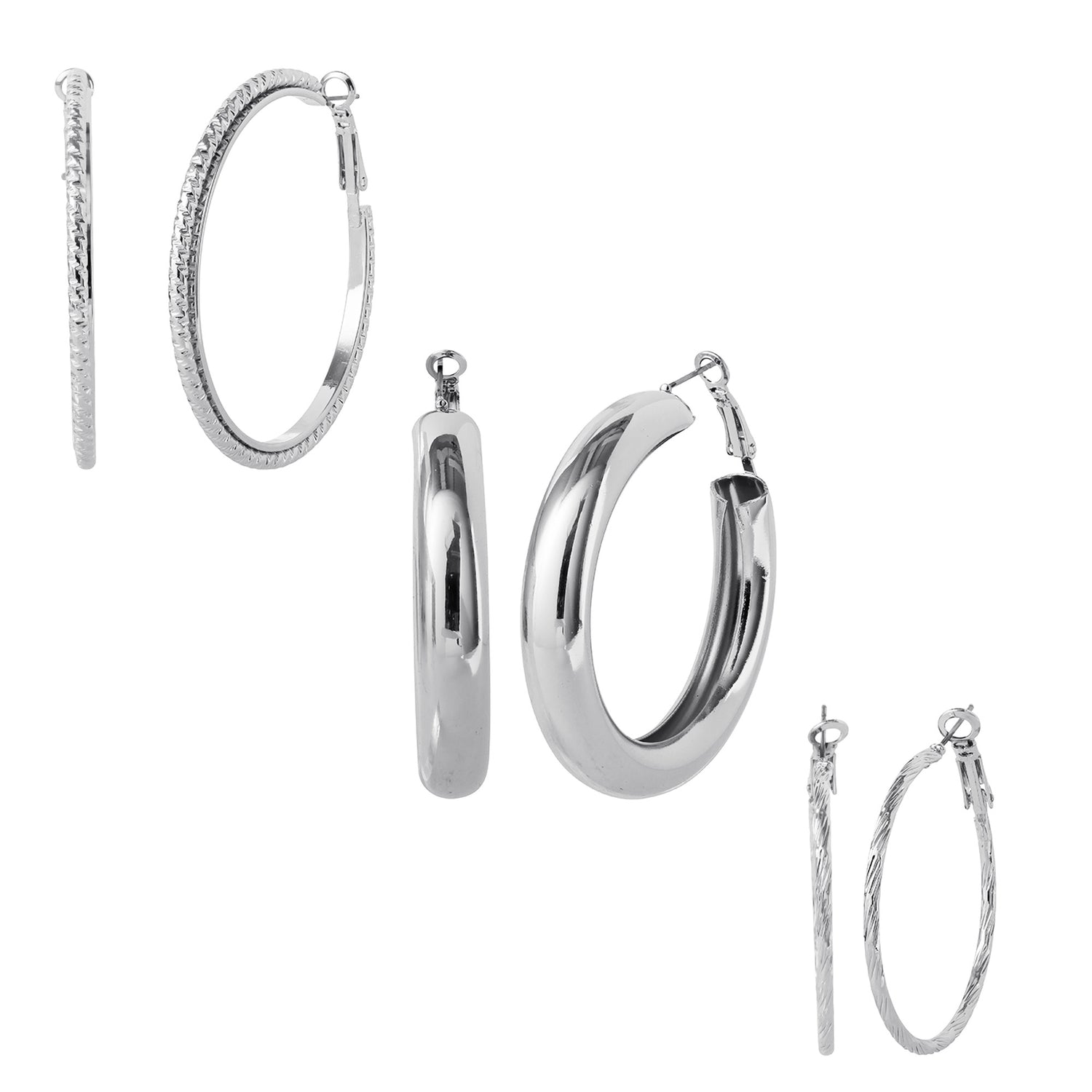 JS Jessica Simpson 3-Piece Textured Silver-Tone Hoop Earring Set