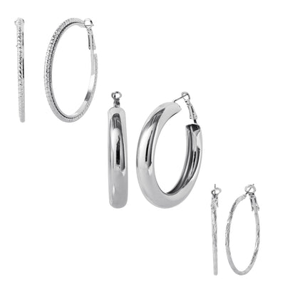 JS Jessica Simpson 3-Piece Textured Silver-Tone Hoop Earring Set