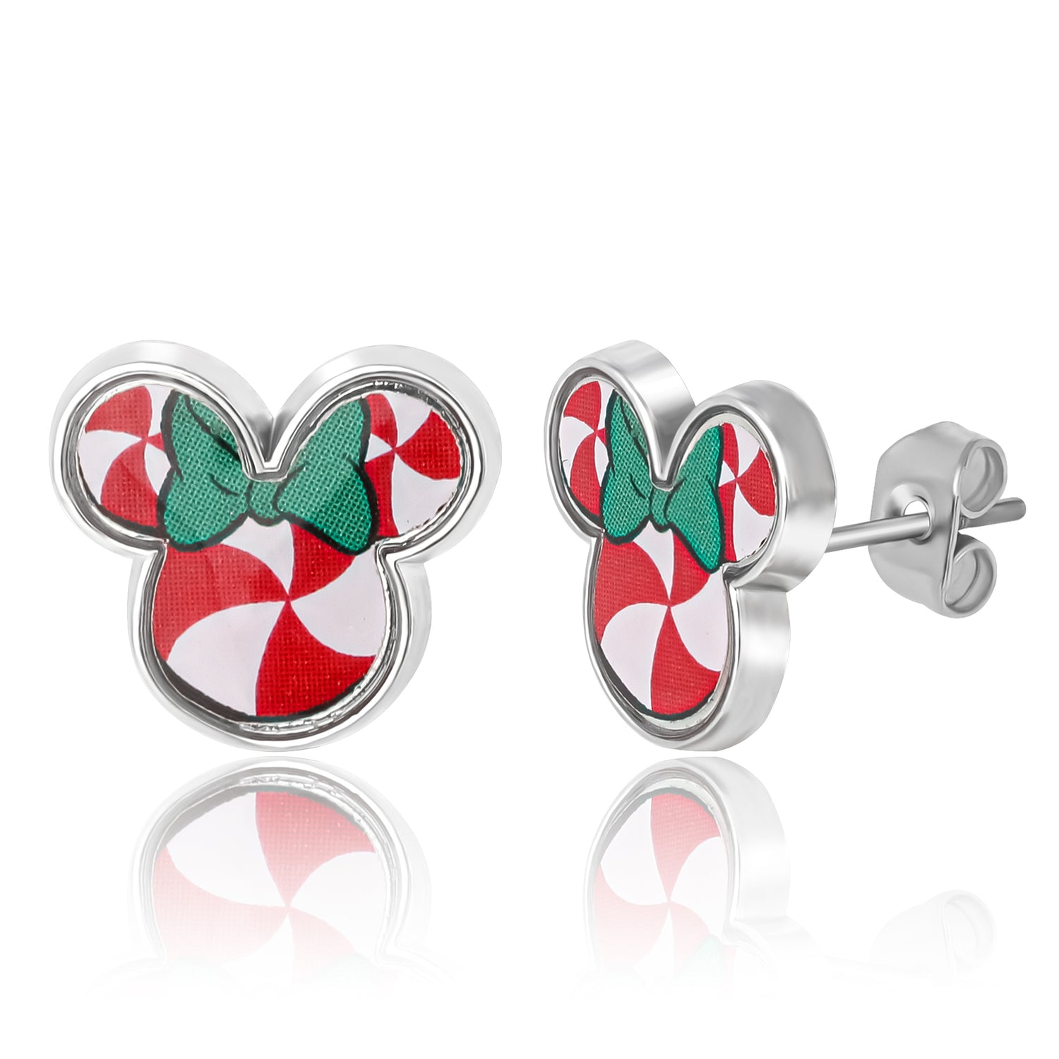 Disney Holiday Stud Earring Set, 3 Pairs - Mickey Santa, Peppermint Ears & Gifts, Silver‑Tone