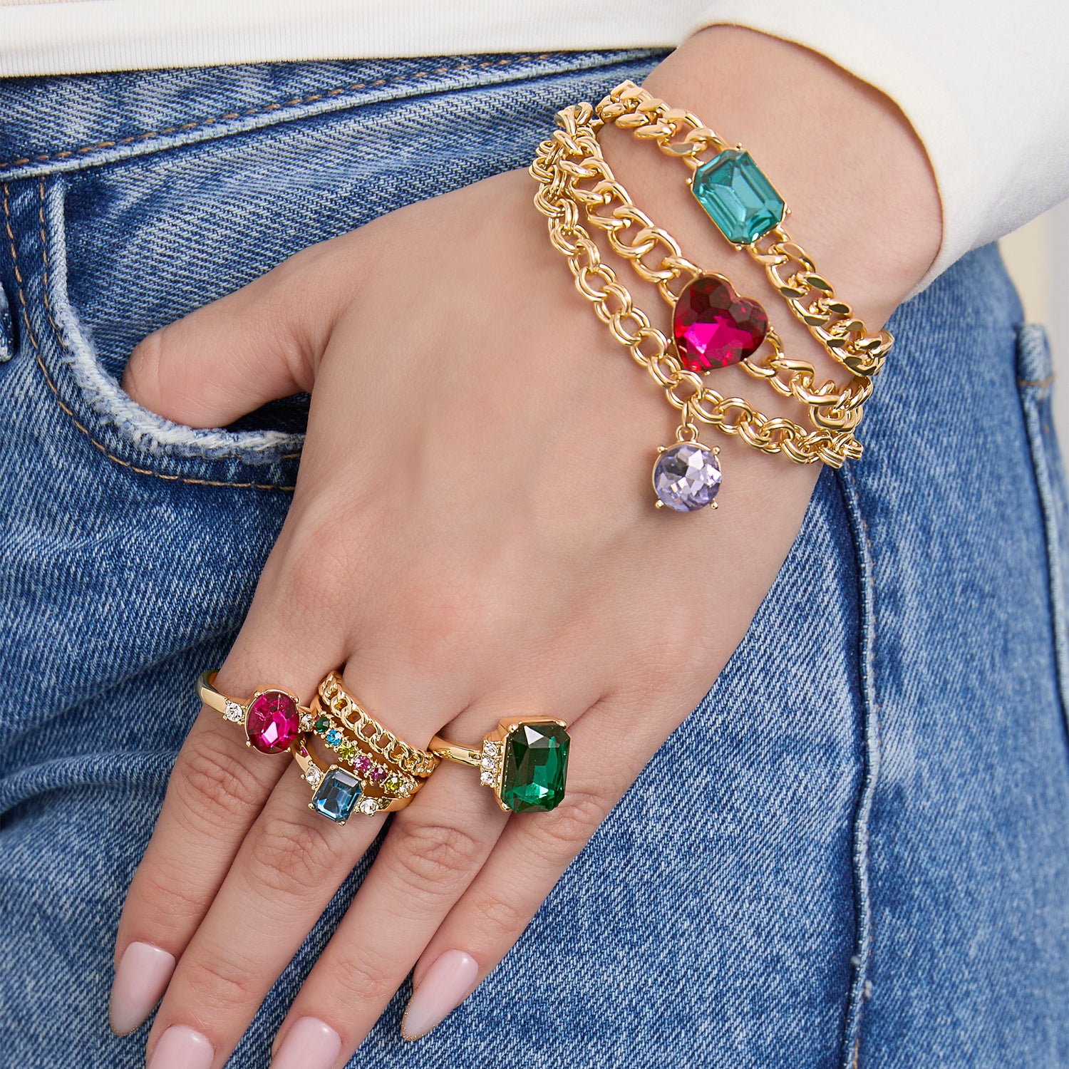 Jessica Simpson 3-Piece Chunky Gemstone Chain Bracelet Set