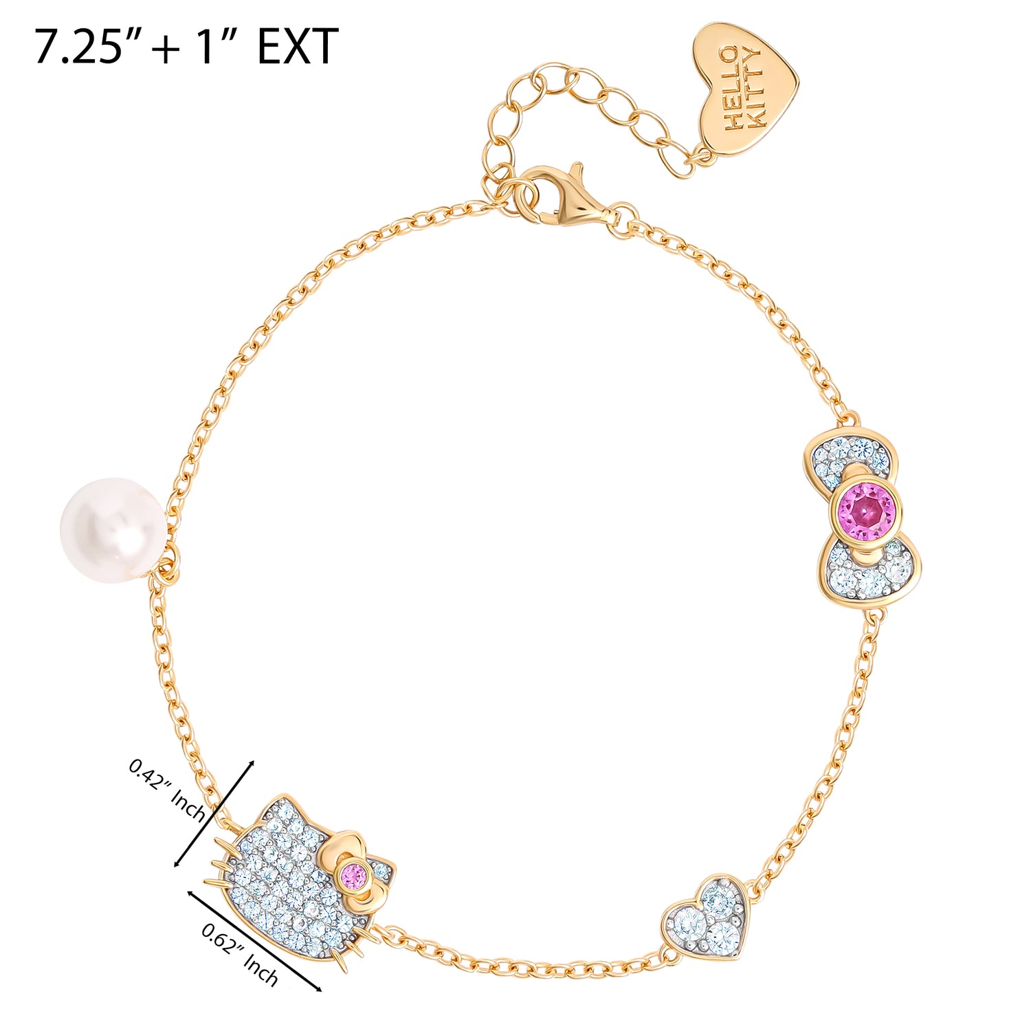 Hello Kitty Station Bracelet 7.25"+1", Two-Tone Plated Sterling Silver with Created Sapphire Charms, Official License