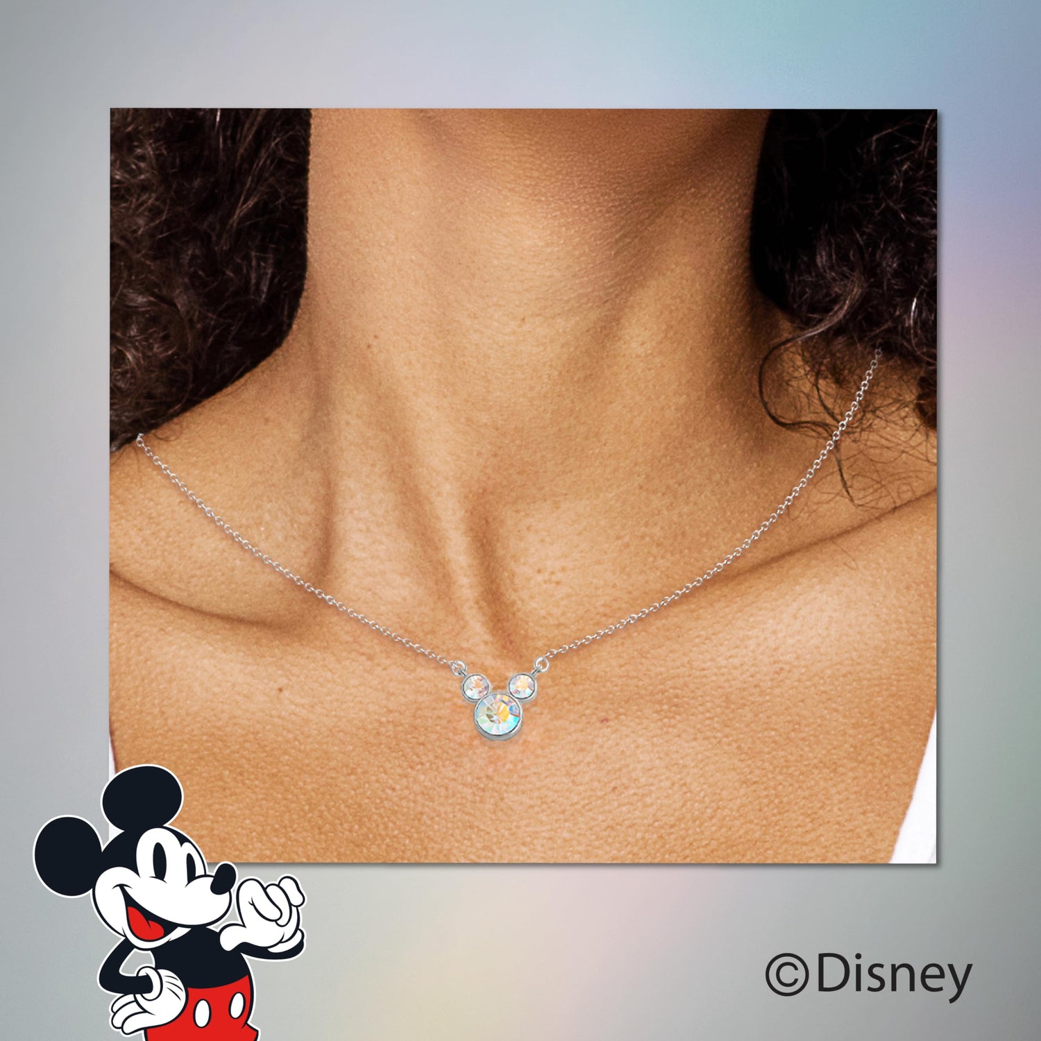 Disney 100 Minnie Mouse Aurora Boreal Crystal Necklace 18"+2", Sterling Silver Mickey Mouse Necklace Official License