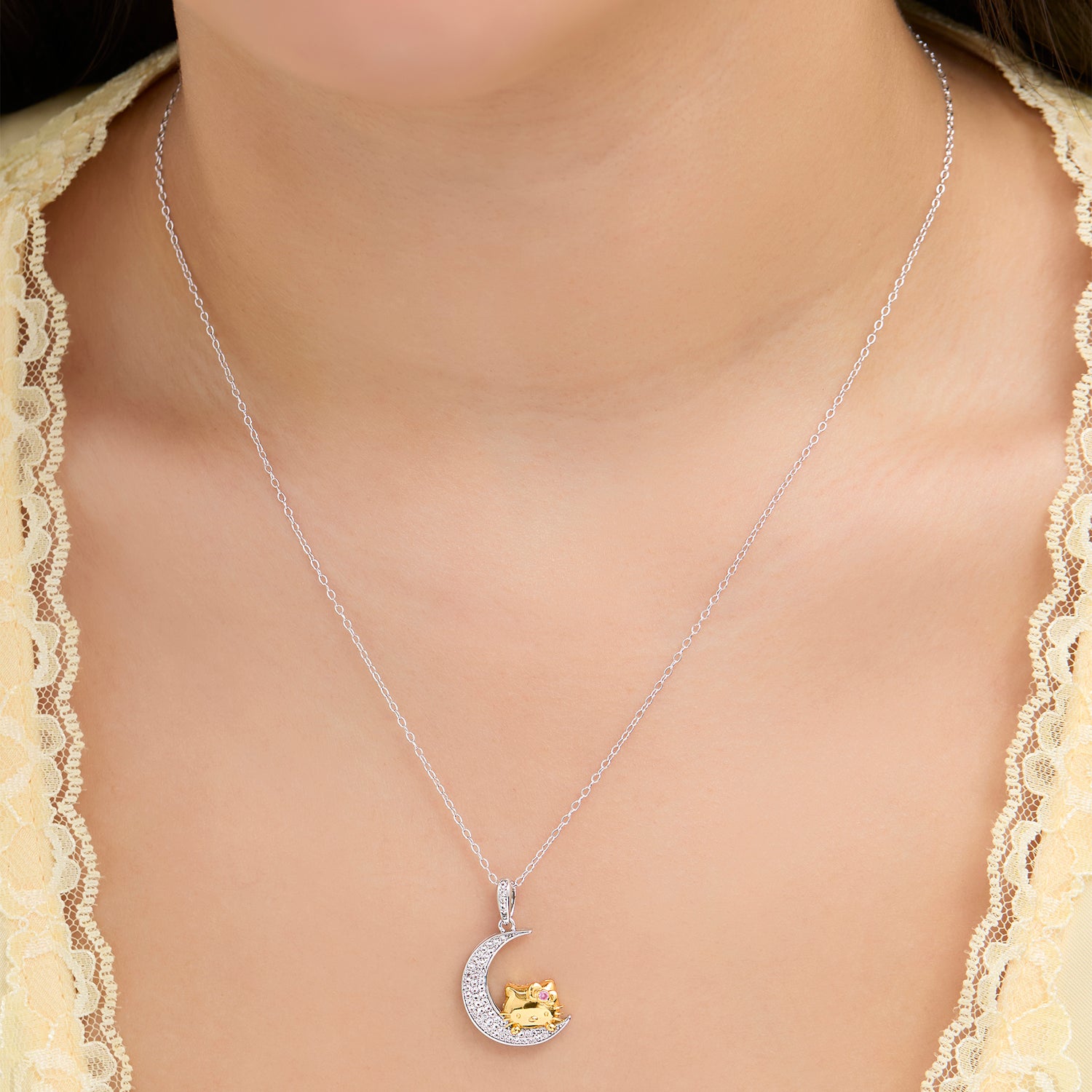 Hello Kitty on the Moon Pendant Necklace 18", Two-Tone Plated Sterling Silver with Created Sapphire, Official License