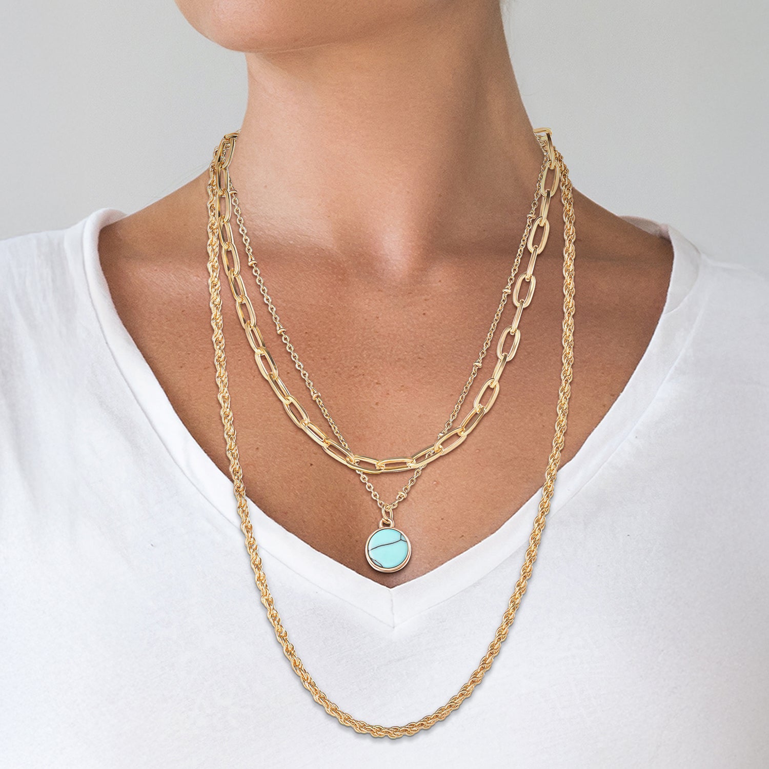 Jessica Simpson Layered Chain Necklace with Turquoise Pendant