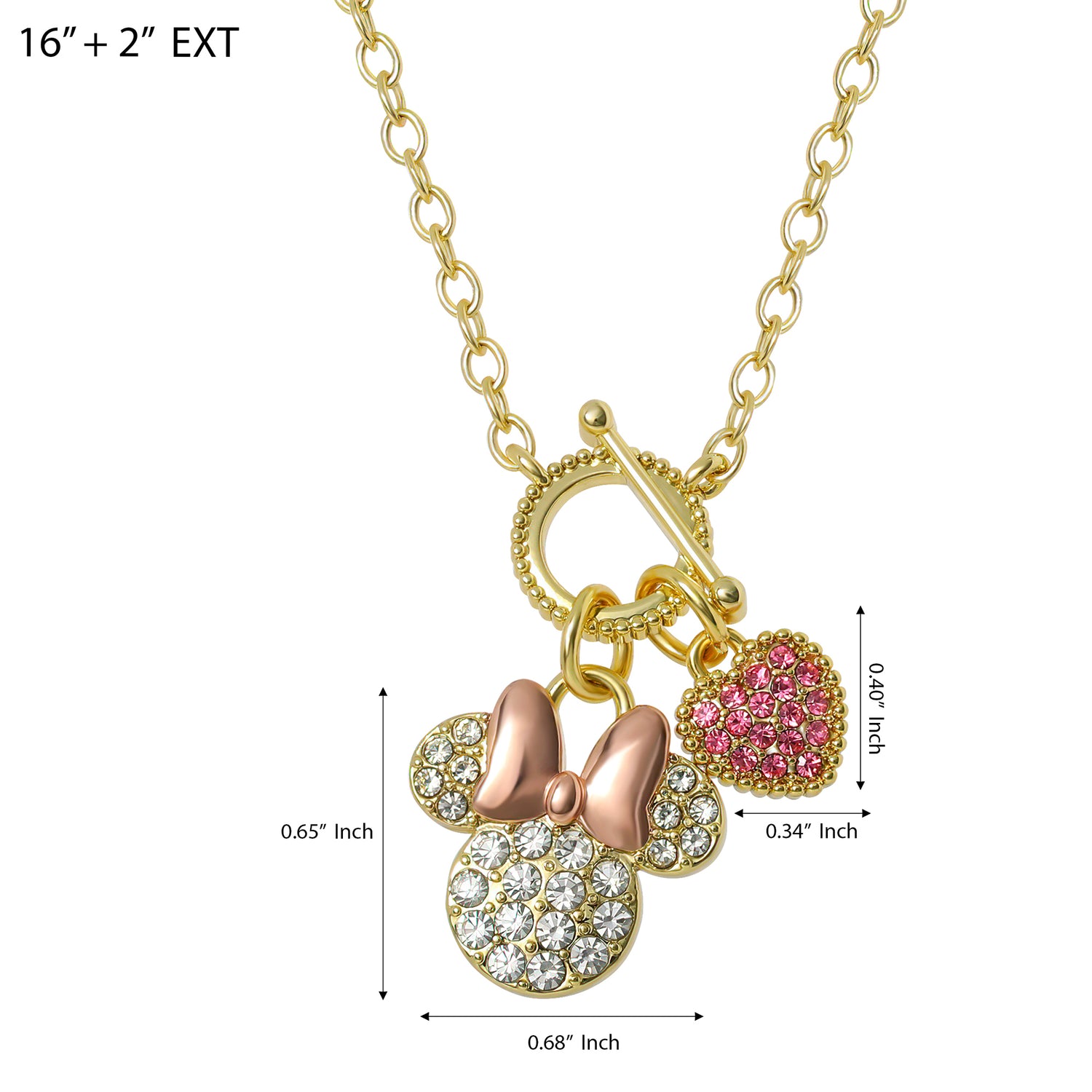 Disney Minnie Mouse Necklace 16" + 2", Gold Tone, Clear and Pink Crystals