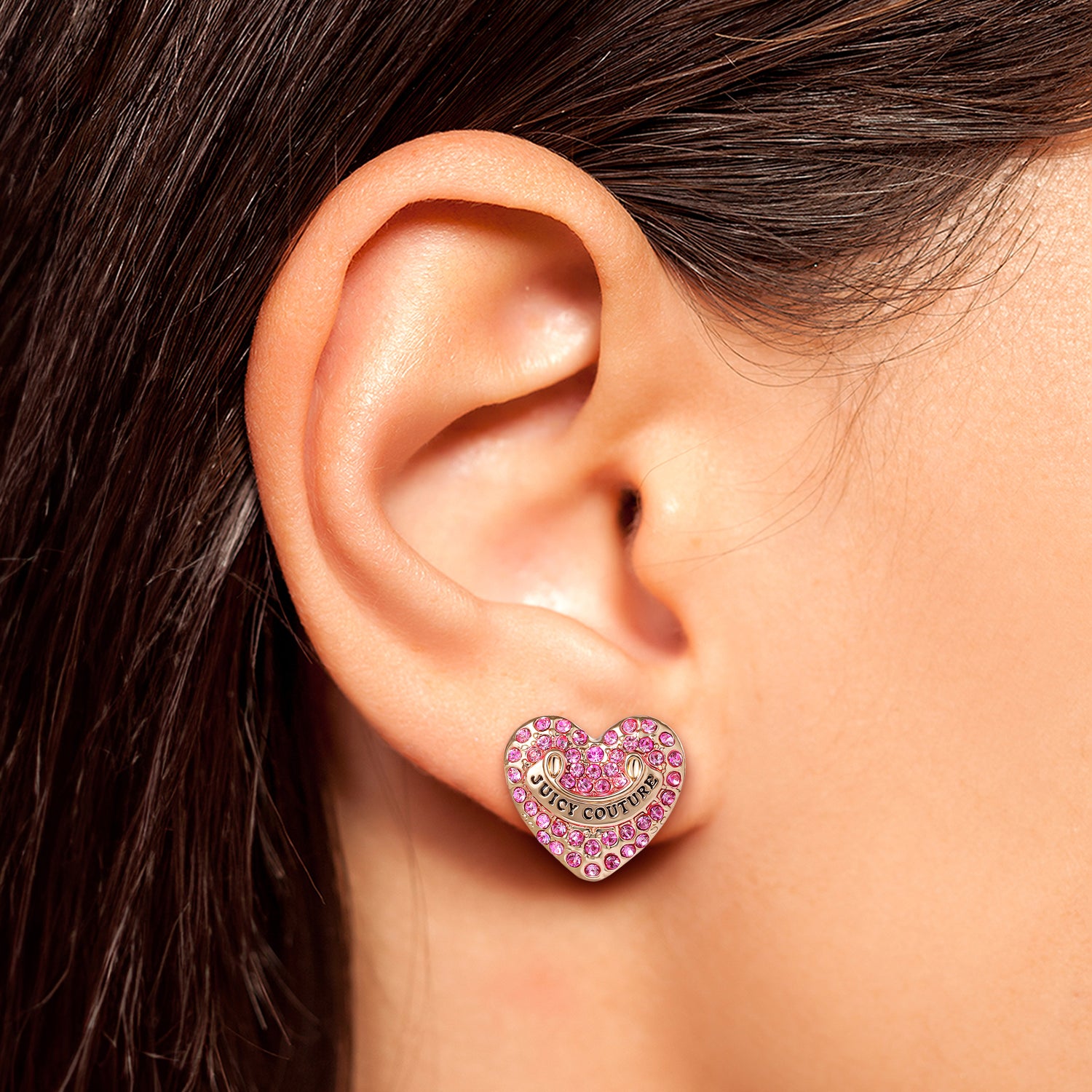 Juicy Couture Logo Heart Stud Earrings for Women with Pink Stones, Juicy Couture Earrings Gold Tone