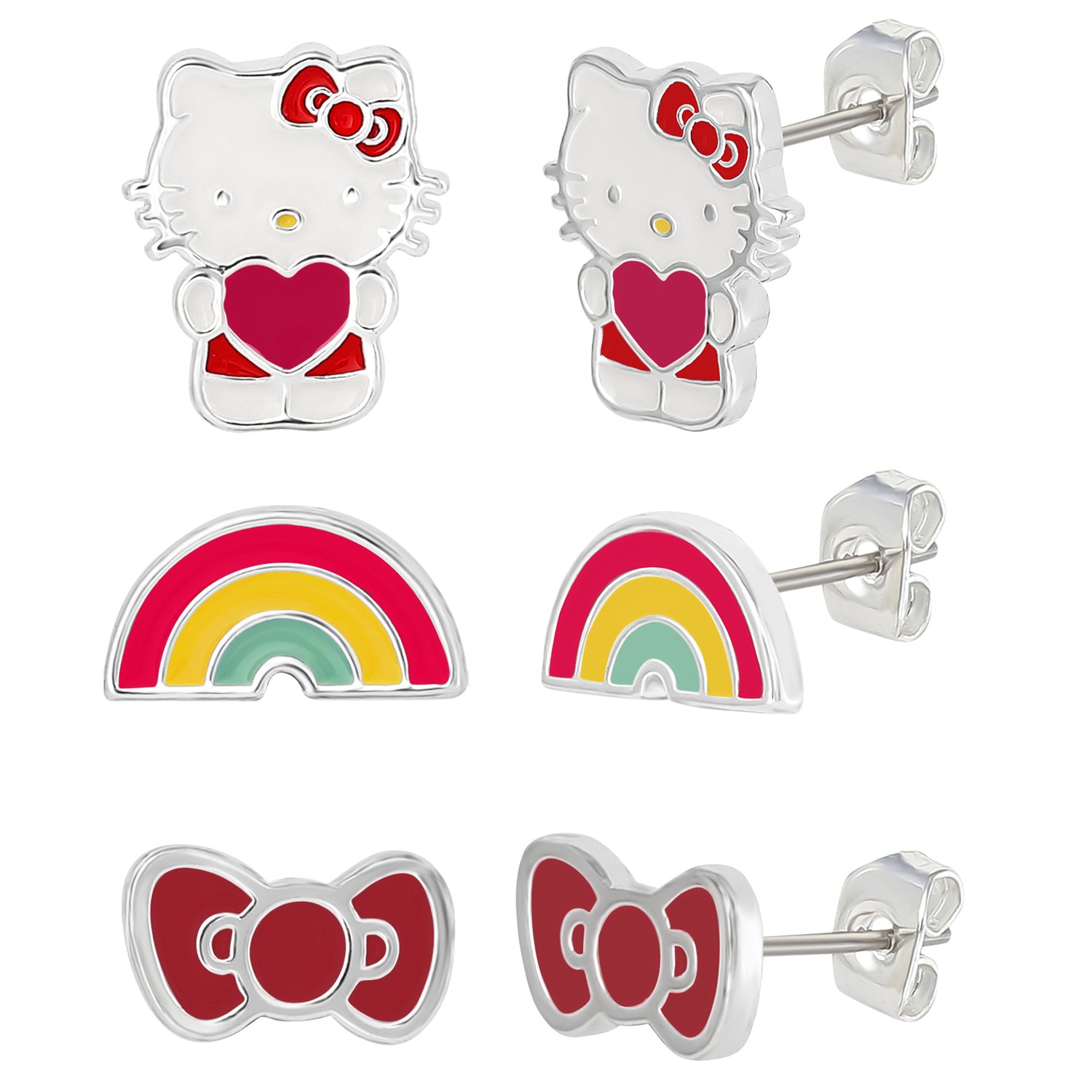 Hello Kitty Stud Earrings Set for Women, 3 Pairs, Sanrio Studs
