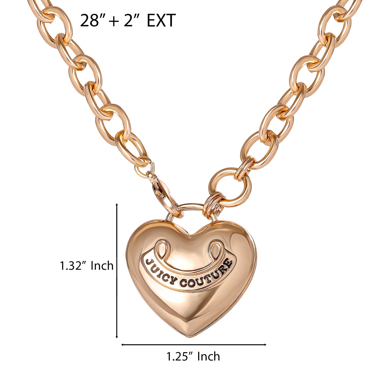 Juicy Couture Puffy Heart Necklace Gold Tone, Logo Heart Ladies Necklace Long 28"+2", Juicy Gifts