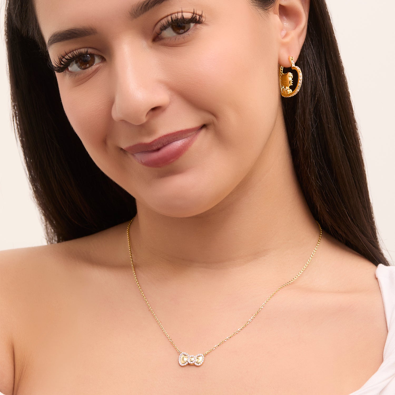Hello Kitty Bow Necklace 18", Two-Tone Plated Sterling Silver with Created White Sapphire Halo, Official License