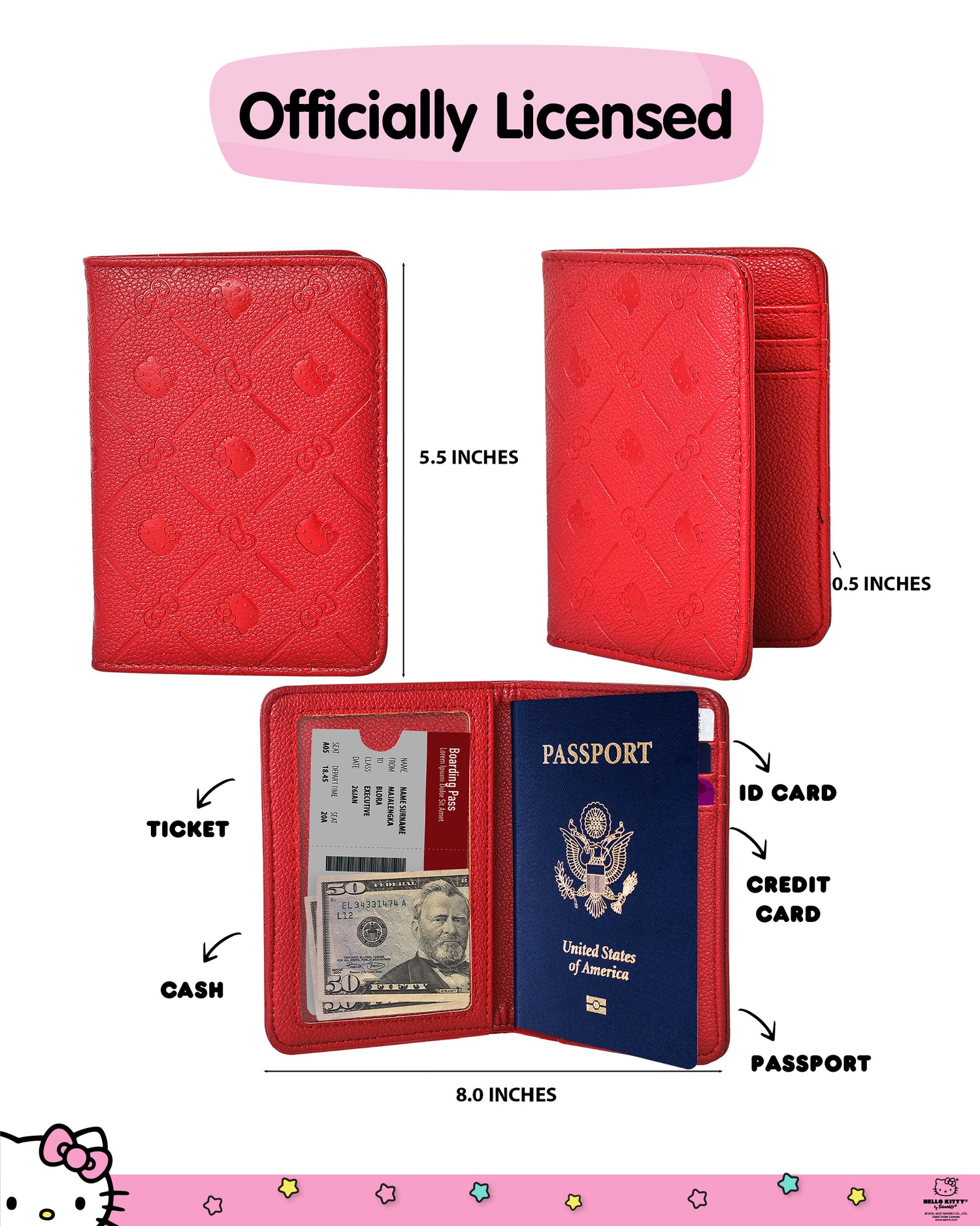 Hello Kitty Passport Holder for Travel Women Official License, Burgundy Red Passport Cover, Sanrio Gifts - Red